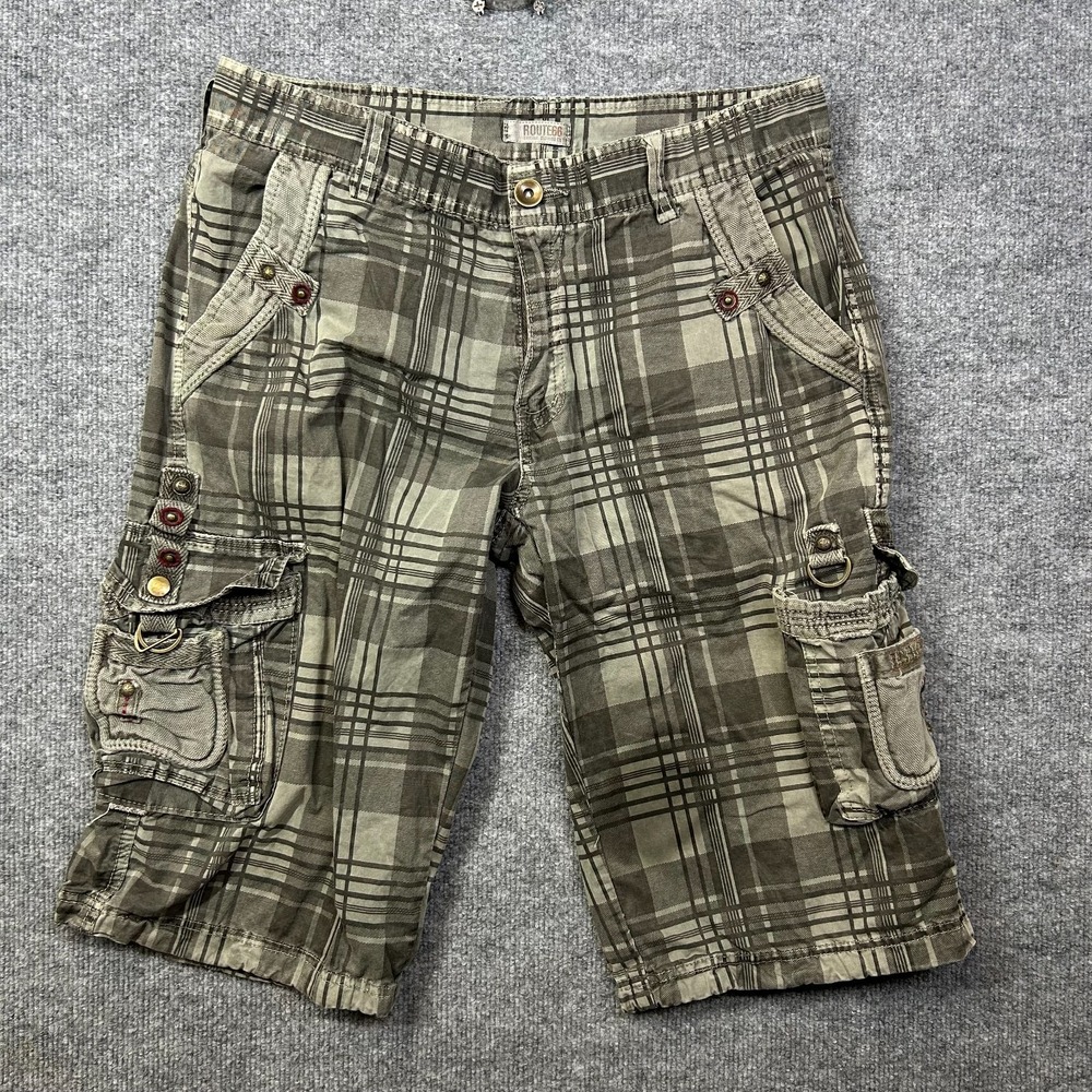 Route 66 Cargo Short Mens Olive Green Plaid Pockets Utility Classic Zip Fly - 32